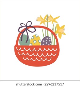 Easter basket with hyacinth flowers and Easter eggs. With ribbon and embellishments. Vector square card suitable for custom print, merch print, easy to modify to your design.