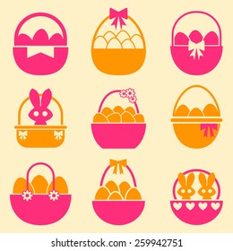 Easter Basket Icon Set With Eggs And Bunnies