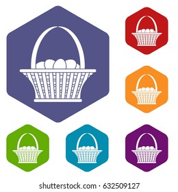 Easter basket icons set hexagon isolated vector illustration