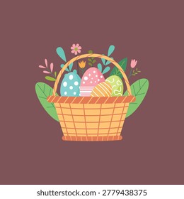 Easter basket illustration filled with decorated eggs and floral elements on a brown background