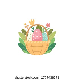 Easter basket illustration filled with decorated eggs, flowers, and leaves against a white background