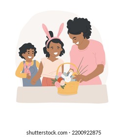 Easter basket isolated cartoon vector illustration. Smiling mother give kids Easter basket, mom and daughter having fun together, religious holiday celebration, festive mood vector cartoon.
