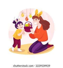 Easter basket isolated cartoon vector illustration. Smiling mother give kids Easter basket, mom and daughter having fun together, religious holiday celebration, festive mood vector cartoon.
