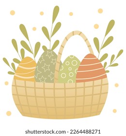 Easter basket isolated vector illustration on white background. Easter basket with colorful eggs and green leaves. Illustration suitable for cards, invitations, children book.