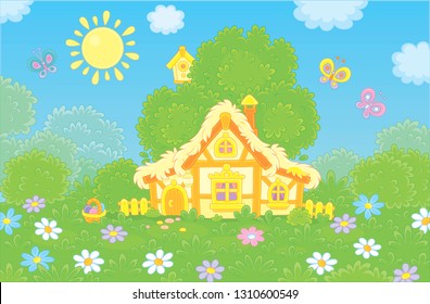 Easter basket near a small thatched hut among flowers and butterflies on a green glade under a big tree on a sunny Easter day, vector illustration in a cartoon style