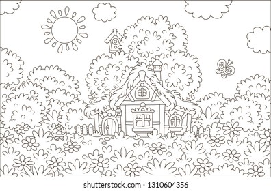 Easter basket near a small thatched hut among flowers and butterflies on a glade under a big tree on a sunny Easter day, black and white vector illustration in a cartoon style for a coloring book