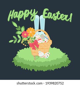 Easter basket with painted eggs and a bouquet of flowers in the middle of a meadow on a dark background. Greeting card, poster or flyer for Easter in flat style.