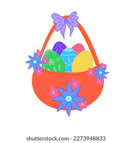 Easter basket with painted eggs and bow , vector image , isolated on white background , holiday congratulation