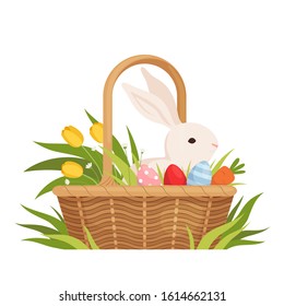 Easter basket with painted eggs, tulip and rabbit. Cartoon flat vector illustration.