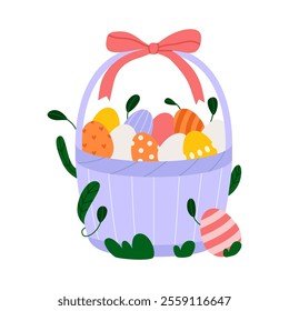 Easter basket with painted eggs. Wicker basket full of chocolate egg, springtime holiday gift hamper. Flat vector illustration isolated on white background.