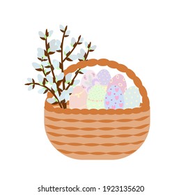 Easter basket with pussy willow branches and painted eggs, simple vector illustration in flat style for spring festive period greeting cards, invitations, banners