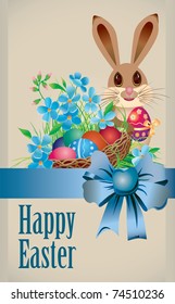 Easter basket and rabbit with egg and bow