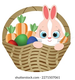  Easter basket with rabbit, eggs and carrots.