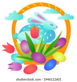 Easter basket with rabbit, eggs and flowers. Postcard, flyer, congratulations.