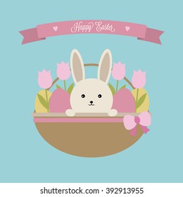 Easter basket with rabbit, eggs and tulips.