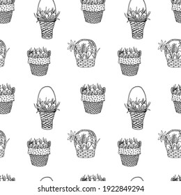 Easter Basket Seamless Pattern. Happy Easter. Hand Drawn Vector Picnic Basket. Doodle Style Pattern. Design For Holiday Decor, Textile, Home Decoration, Wallpaper.