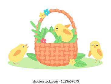Easter basket with small chickens. Vector illustration.