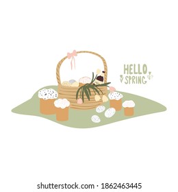 Easter basket, spring picnic. Easter cakes, wine, eggs. Vector illustration