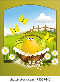 Easter basket and spring rural landscape