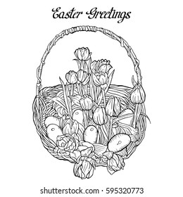 Easter basket with tulips and eggs. Greeting card drawn with ink. Vector illustration. Page for coloring