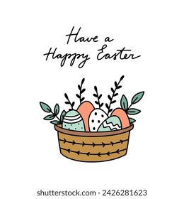 Easter basket vector clipart. Easter eggs hand drawn card
