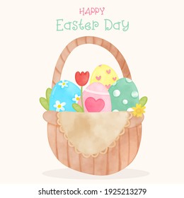 Easter Basket vector with egg and flower illustration for Easter holiday and spring season kawaii cartoon: Series fairy tale character (flat Girly doodles). Perfect Nursery children, kids, greeting.