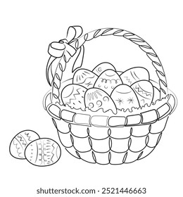 Easter basket vector illustration. A hamper full of painted Easter eggs in black and white outline. Easter eggs in basket line drawing. Celebration and holiday, easter egg in basket vector graphic.