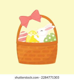 Easter basket wiht colored eggs and  white bunny on yellow background. Isolated vector illustration for greeting cards, posters, designs