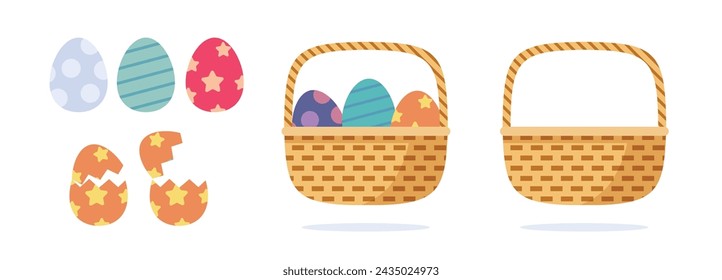 Cesta de Pascua tejida con huevos icono vector plano ilustración gráfica de dibujos animados conjunto, flor bambú cesto de mimbre sostenedor de la caja elementos aislados imagen clipart