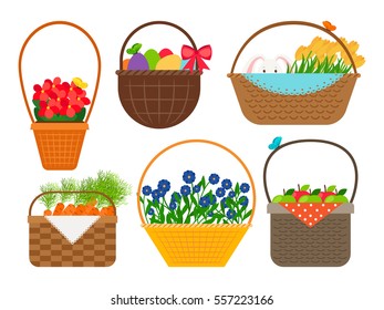 Easter baskets with beauty flowers and cute bunny, eggs and apples vector isolated on white background.