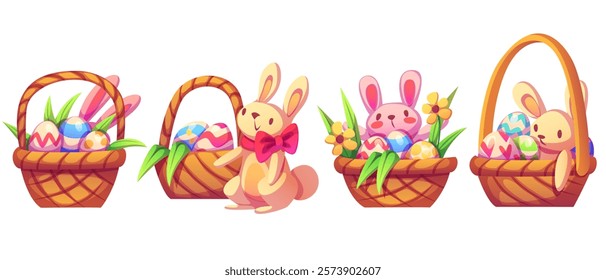 Easter baskets collection with traditional elements - painted eggs, spring flowers, green grass leaves, cute bunnies. Holiday wicker containers with colorful ornaments for seasonal celebration design.