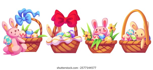 Easter baskets with eggs and cute bunnies set isolated on white. Vector cartoon illustration of nice wicker boxes decorated with color ribbons, sweets and flowers, funny animals, holiday card design