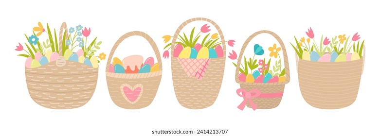 Easter baskets flat style with Easter eggs and spring flowers vector set