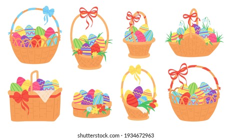 Easter baskets. Painted chocolate eggs in wicker basket with ribbon, grass, tulip and snowdrop flower. Spring traditional holiday vector set