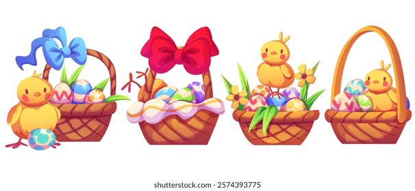 Easter baskets set with decorative elements - wicker containers with blue, red bows, painted eggs, fresh spring green grass leaves and flowers, baby chicks. Holiday collection with cute yellow chicken