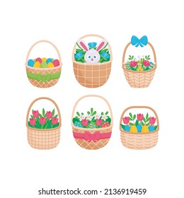 Easter baskets set in flat style isolated on white background. Easter bunny, baskets with flowers and painted eggs