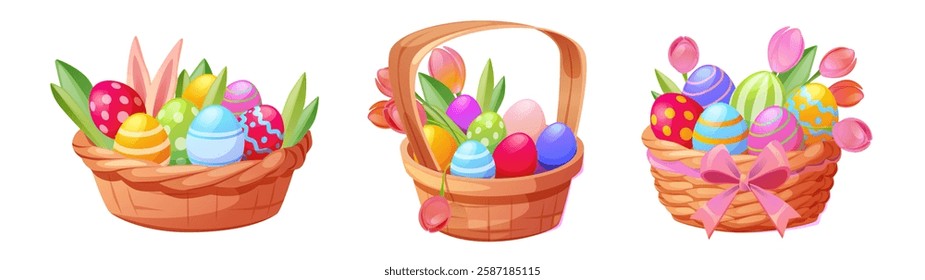 Easter baskets set isolated on white background. Vector cartoon illustration of wicker boxes with color eggs, flowers, bunny ears and ribbon bow decoration, traditional holiday sweets, greeting icons