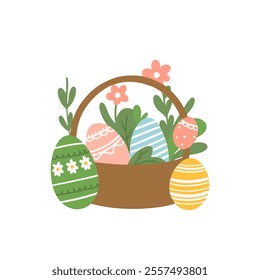 Easter baskets with spring flowers. Wicker basket full of eggs and flowers, set of vector gift baskets for spring holiday. Easter basket illustration for holiday