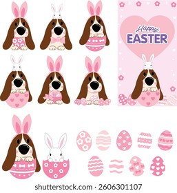 Easter, Basset Hound, Bunny Ears, Dog, Rabbit, Egg, Cute, Cartoon, Pink, Celebration, Holiday, Spring