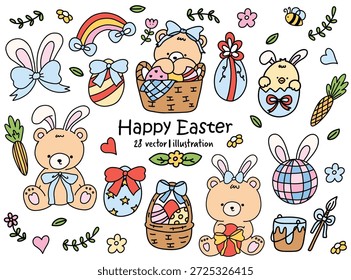Urso de Páscoa e conjunto de ilustração do vetor do coelho, urso de pelúcia bonito com orelhas de coelho, Clipart da caça ao ovo de Páscoa, Elementos de férias Kawaii desenhados à mão