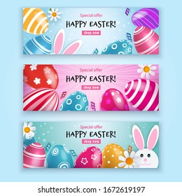 Easter Beautiful Banner. Multicolored Easter eggs with bunny and chamomiles