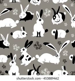 Easter beautiful graphic pattern with rabbits on gray background
