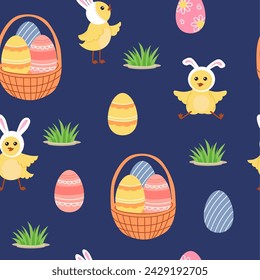 Easter beautiful seamless background. Basket with eggs and cute cartoon chicks on dark blue background. Festive bright layout for printing on packaging, fabric, paper and other surfaces.