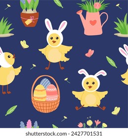 Easter beautiful seamless background. Cute cartoon chicks, easter basket with eggs and flowers on dark blue background. Festive bright layout for printing on packaging, fabric, paper.