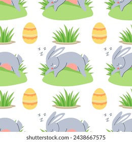 Easter beautiful seamless background. Cute sleeping rabbits, eggs and grass on white background. Festive bright template for printing on packaging, fabric, paper and other surfaces.