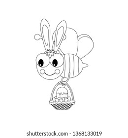 Easter bee with basket outline on the white background. Vector illustration
