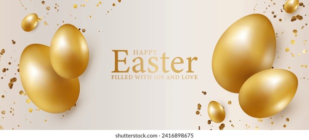 Easter beige card with golden eggs and golden blets. Easter background, wallpaper.