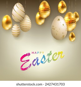 Easter beige composition with eggs of golden and white color.