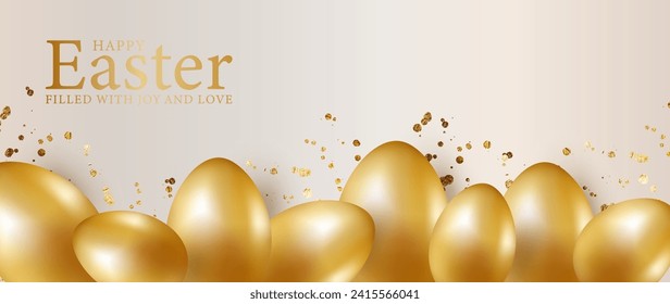 Easter beige horizontal card with golden Easter eggs and gold sparkles. Easter card, wallpaper, poster, banner