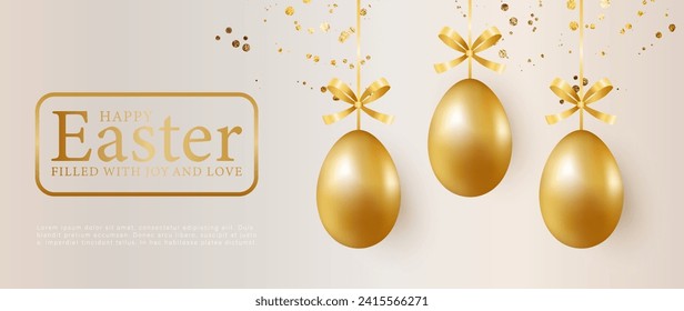 Easter beige horizontal card with golden Easter eggs and gold sparkles. Easter card, wallpaper, poster, banner